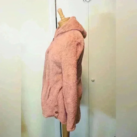 Hooded Teddy Fuzzy Dusty Pink Button Up Hooded Jacket Size Large with pockets - Picture 5 of 11